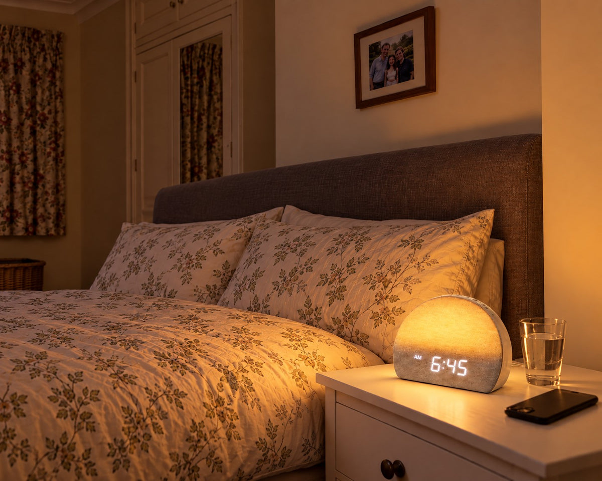 A bedroom at 6:45am lit warm amber by the Sunrise Clock, curtains still closed