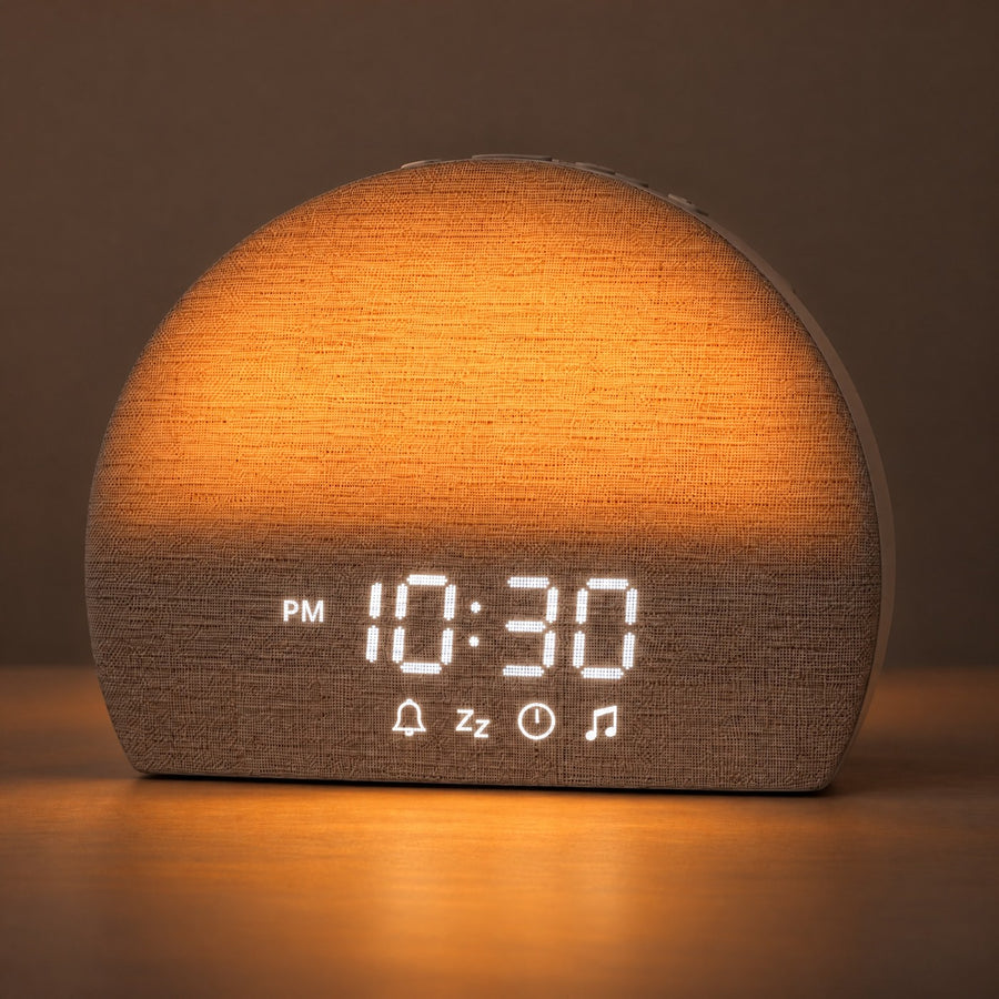 The Sunrise Clock on its sunset setting at 10:30pm, a low warm glow