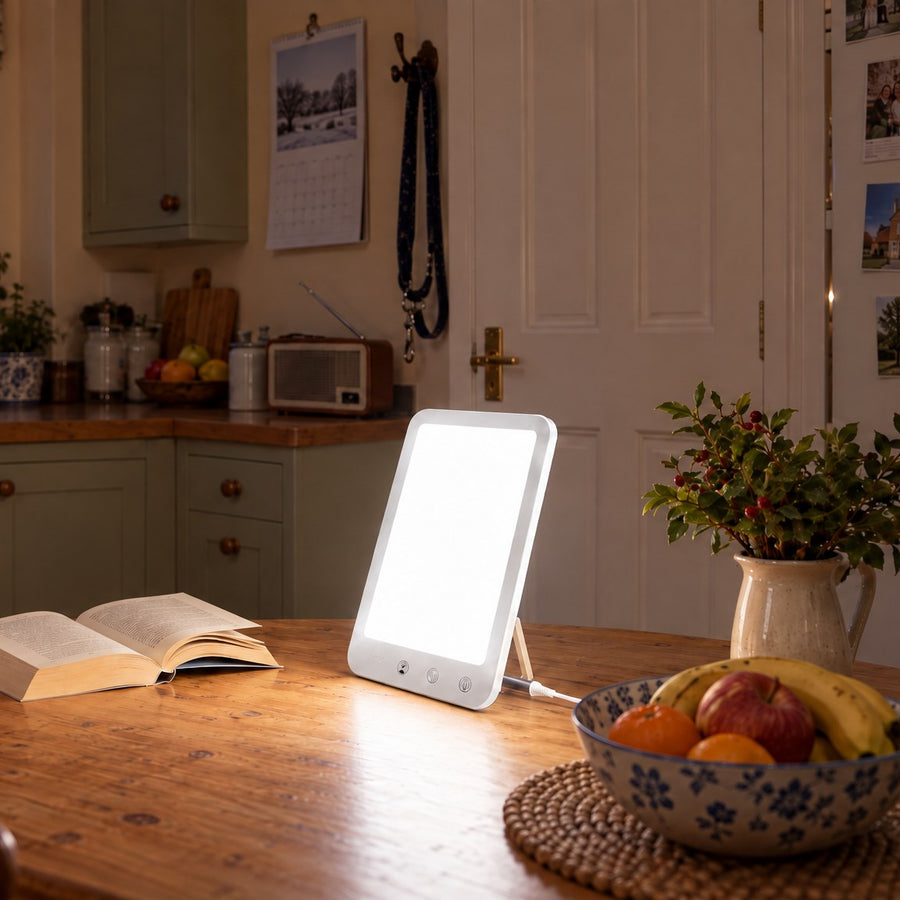 The Daylight Lamp lighting a breakfast table with tea and toast, still dark outside