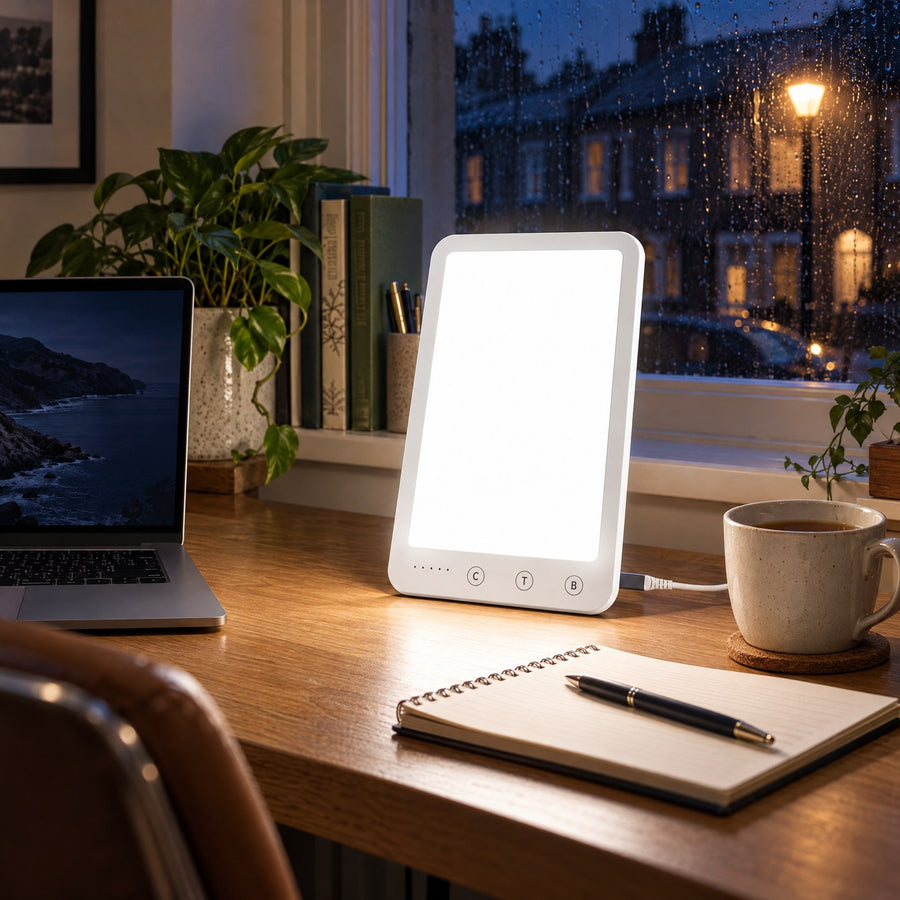 The Daylight Lamp on a home desk at 4pm, dark and rainy outside