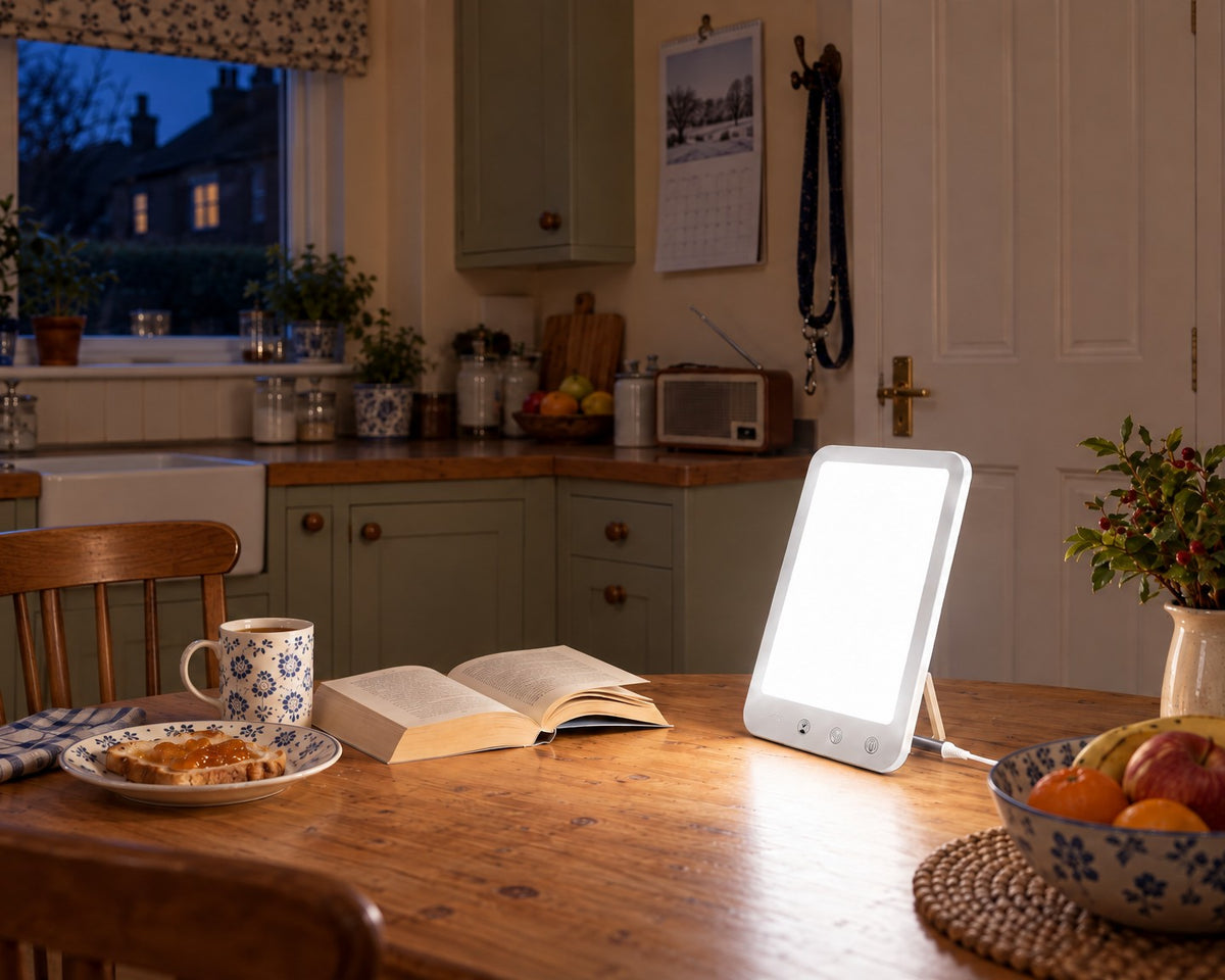 The Daylight Lamp on a kitchen table with tea and toast, still dark outside