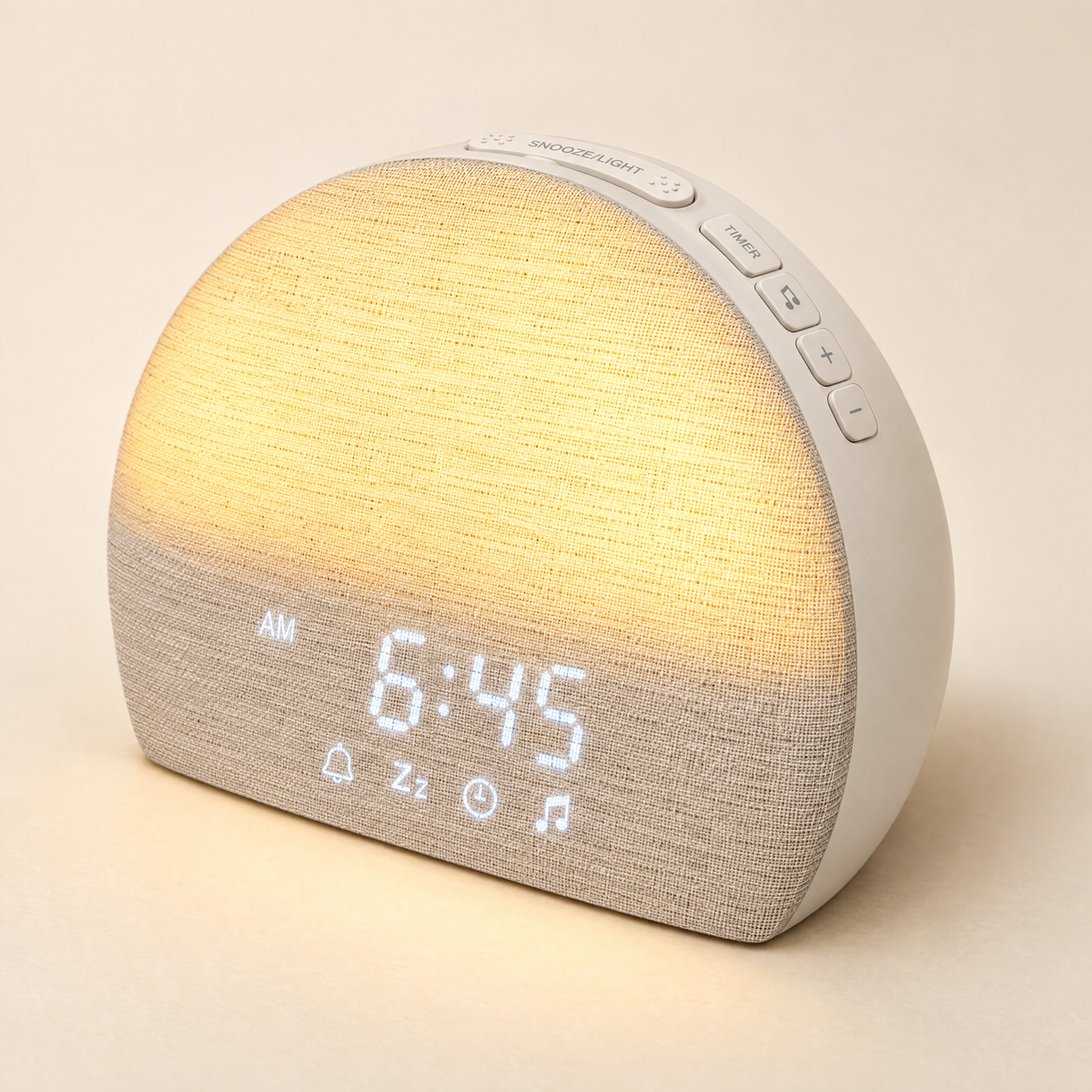 The Morrow Sunrise Clock from the side: flat linen front, ivory back and the snooze bar and buttons on top