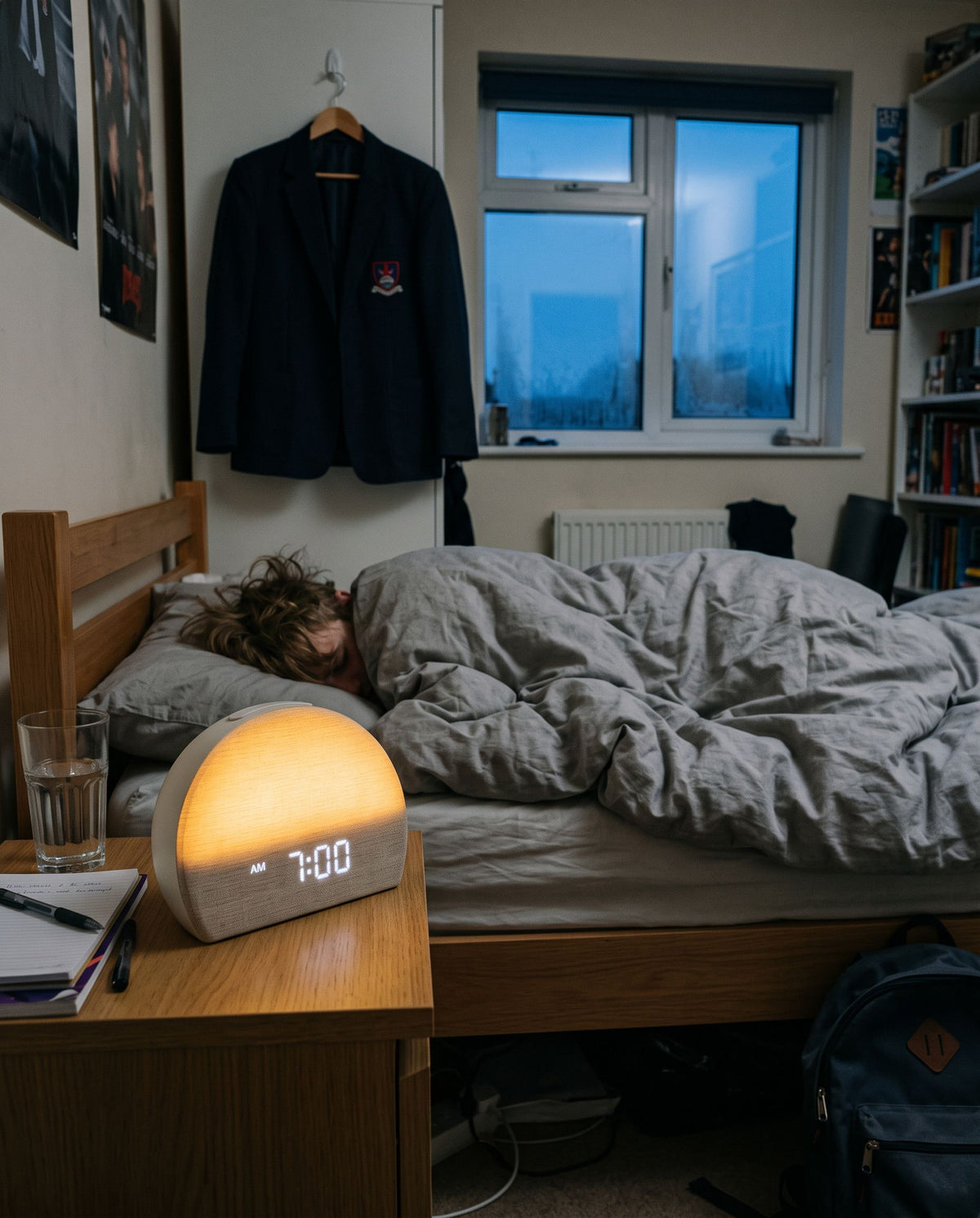 A teenager asleep on a school morning with a sunrise clock lit on the bedside table