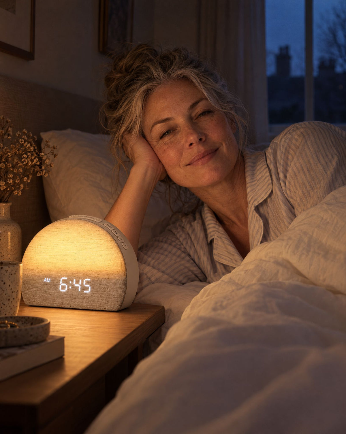 A sunrise clock glowing on a bedside table at 6:45am in a dark bedroom