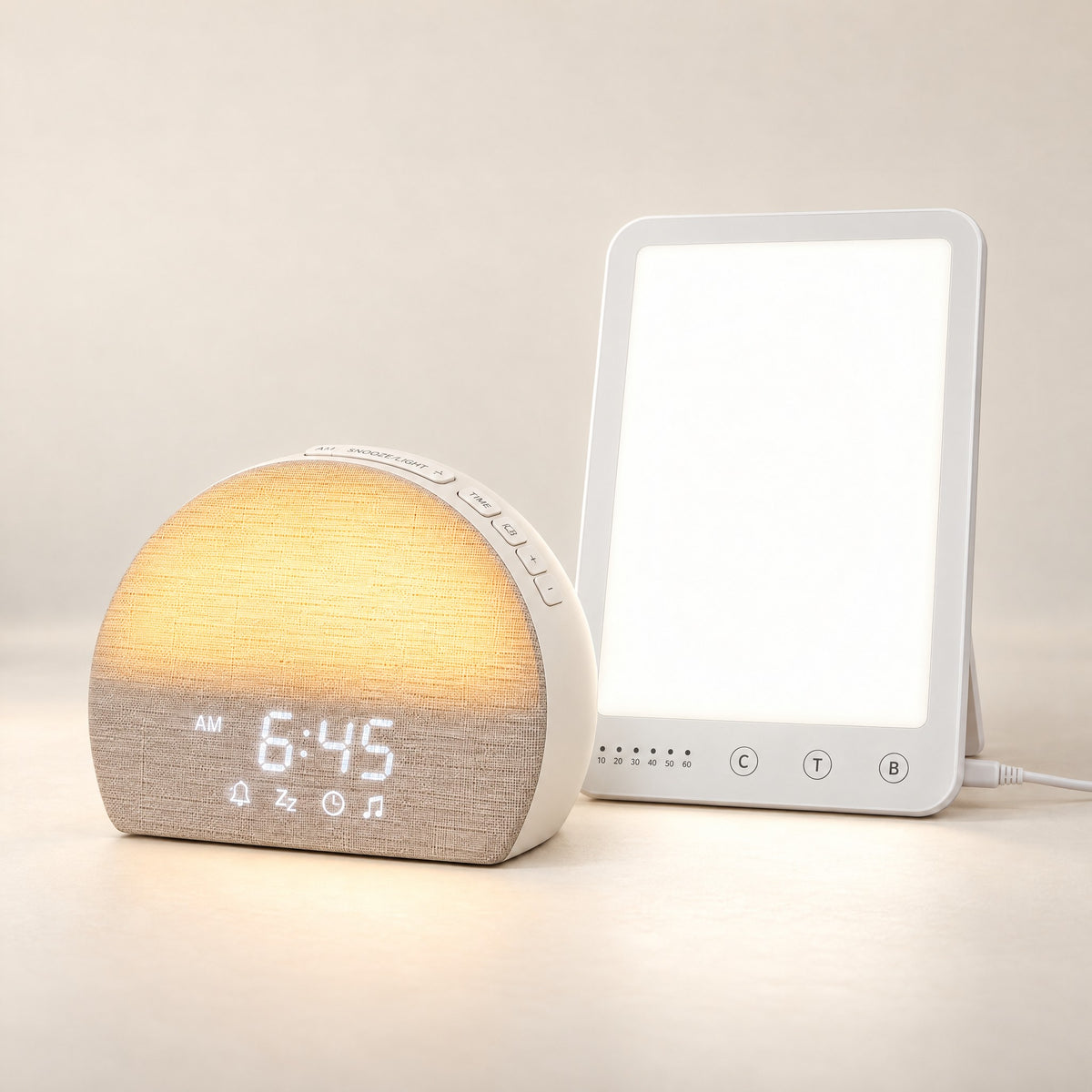 The Winter Light Kit: the Morrow Sunrise Clock and the Morrow Daylight Lamp, both switched on